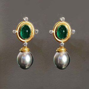 Vintage Emerald Diamond and Tahiti Pearl Drop Earrings, cabochon emeralds with diamonds and detachable Tahiti cultured pearl drops, Circa 1990s