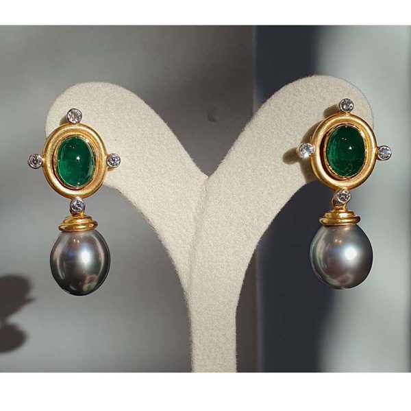 Vintage Emerald Diamond and Tahiti Pearl Drop Earrings, cabochon emeralds with diamonds and detachable Tahiti cultured pearl drops, Circa 1990s