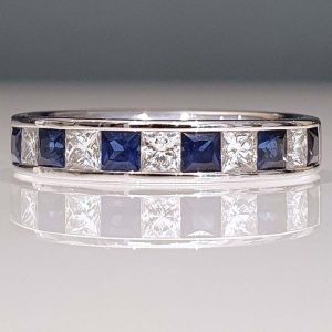 Princess Cut Diamond Sapphire and Diamond Half Eternity Ring