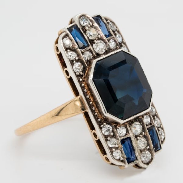 Art Deco 4.50ct Octagonal Cut Sapphire and Diamond Cluster Tablet Plaque Ring