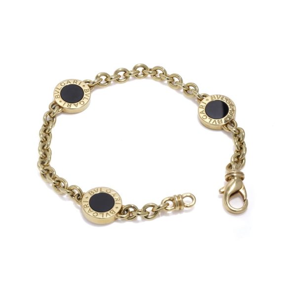 Vintage Bvlgari Black Onyx and 18ct Yellow Gold Link Bracelet, black onyx disc circular plaques in yellow gold surrounds links interspersed with entwinned 18ct yellow gold chain. Made in Italy, Imported to England, 2000