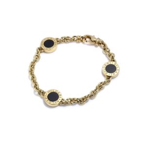 Vintage Bvlgari Black Onyx and 18ct Yellow Gold Link Bracelet, black onyx disc circular plaques in yellow gold surrounds links interspersed with entwinned 18ct yellow gold chain. Made in Italy, Imported to England, 2000