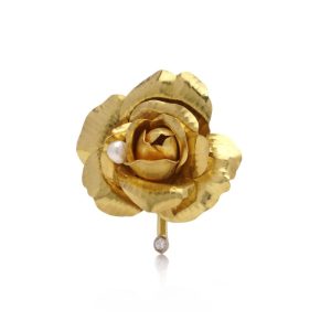 Cartier Diamond And Pearl Rose Brooch In 18 Carat Yellow Gold