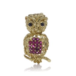 Vintage Owl Brooch With Rubies And Sapphires In 18 Carat Yellow Gold