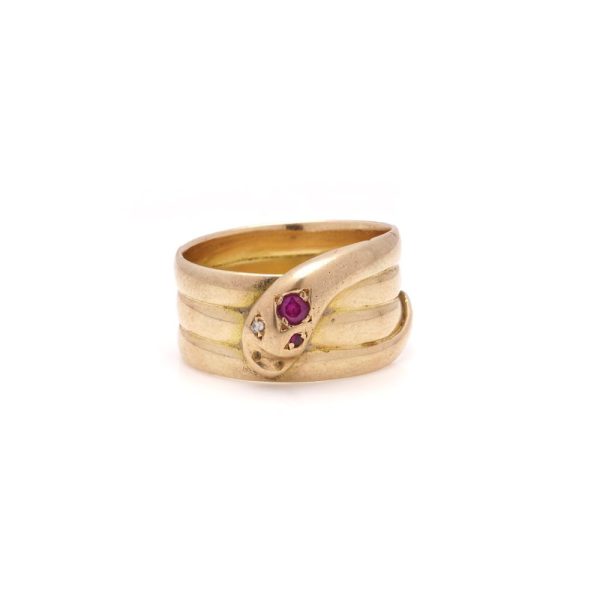 Victorian snake ring with diamond and rubies in gold.