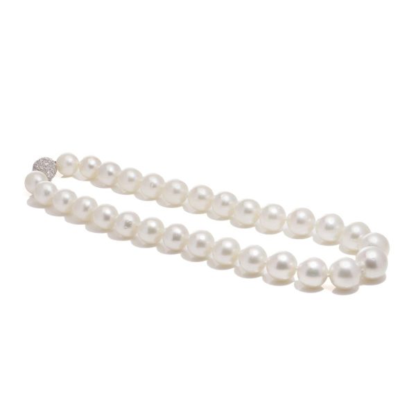 South Sea Pearl Necklace with Diamond Set Gold Clasp, Graduated cultured South Sea pearls with 18ct white gold ball clasp set with 1ct of round brilliant-cut diamonds