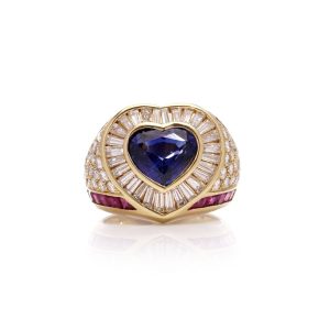 Sapphires, ruby and diamond ring in white gold.