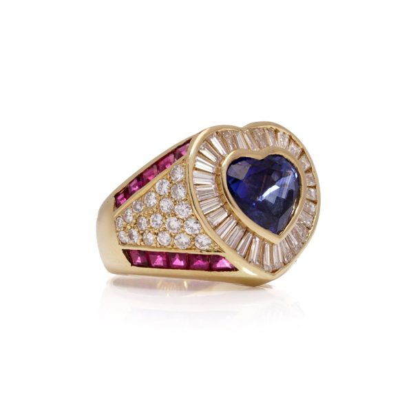 Sapphires, ruby and diamond ring in white gold.