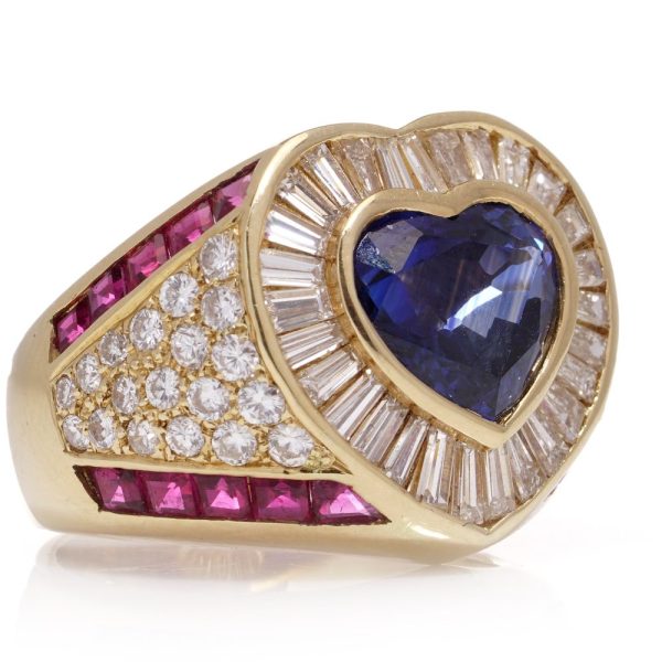 Sapphires, ruby and diamond ring in white gold.