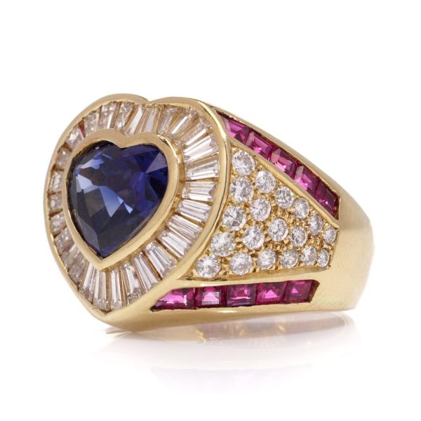 Sapphires, ruby and diamond ring in white gold.