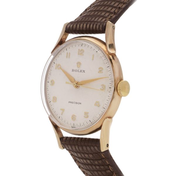 Vintage 1950s Rolex Precision Gold Mechanical Movement Watch, 9ct yellow gold case with cream dial on Genuine leather strap