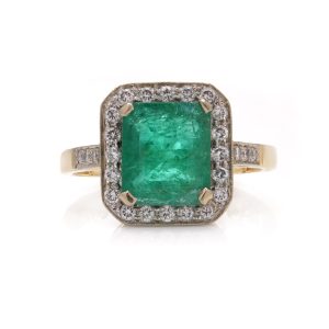 Vintage Emerald and Diamond Square Cluster Engagement Ring