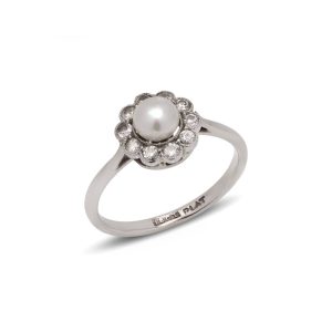 Edwardian Diamond And Pearl Cluster Ring In Platinum And 18 Carat Yellow Gold