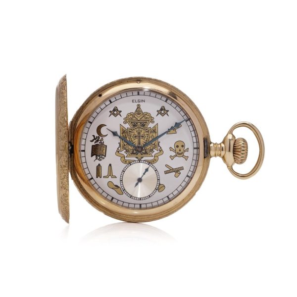 Elgin Masonic 14ct Yellow Gold Full Hunter Pocket Watch, made in the early 20th century in the USA, dial with Masonic symbols and a 15-jewel movement