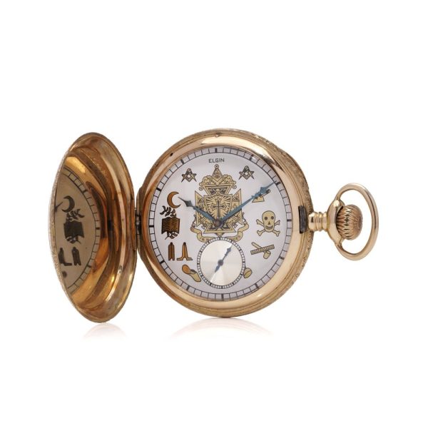 Elgin Masonic 14ct Yellow Gold Full Hunter Pocket Watch, made in the early 20th century in the USA, dial with Masonic symbols and a 15-jewel movement