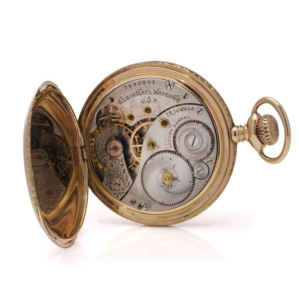 Elgin Masonic 14ct Yellow Gold Full Hunter Pocket Watch, made in the early 20th century in the USA, dial with Masonic symbols and a 15-jewel movement