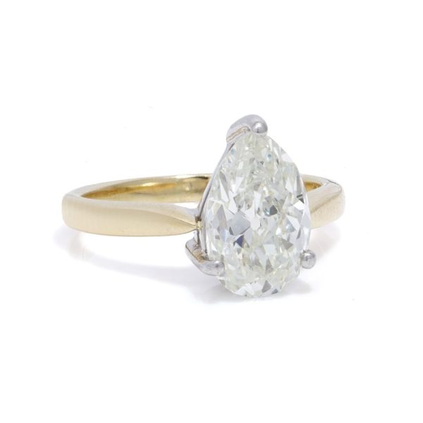 Vintage 2.60ct Pear Shaped Old Cut Solitaire Engagement Ring, single stone pear old cut diamond claw set in 18ct white gold to an 18ct yellow gold band