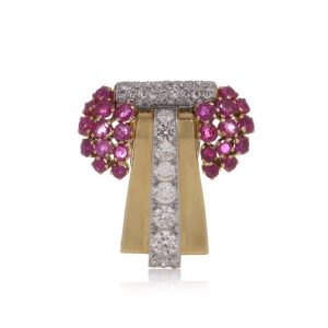 Retro Diamond And Ruby Brooch In Platinum And 18 Carat Yellow Gold