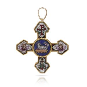 Antique Italian Micro Mosaic Cross Pendant Brooch with Vatican Stamp