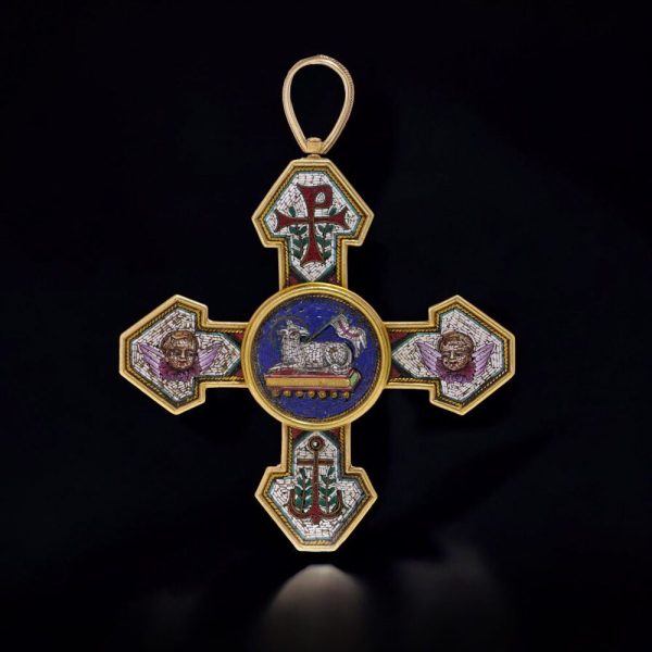 Antique Italian Micro Mosaic Cross Pendant come Brooch with Vatican Stamp, 22ct yellow gold cross shaped pendant-come-brooch with detailed micro mosaic work depicting religious and symbolic motifs