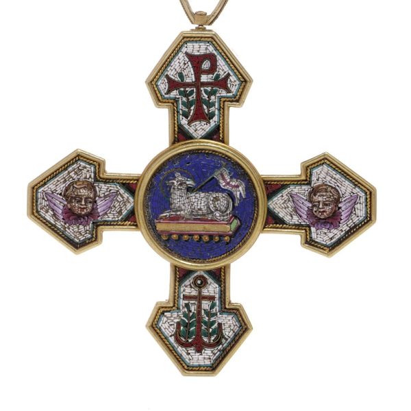 Antique Italian Micro Mosaic Cross Pendant come Brooch with Vatican Stamp, 22ct yellow gold cross shaped pendant-come-brooch with detailed micro mosaic work depicting religious and symbolic motifs