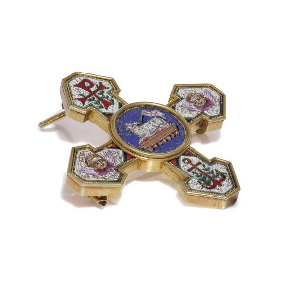 Antique Italian Micro Mosaic Cross Pendant come Brooch with Vatican Stamp, 22ct yellow gold cross shaped pendant-come-brooch with detailed micro mosaic work depicting religious and symbolic motifs