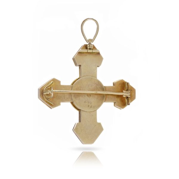 Antique Italian Micro Mosaic Cross Pendant come Brooch with Vatican Stamp, 22ct yellow gold cross shaped pendant-come-brooch with detailed micro mosaic work depicting religious and symbolic motifs