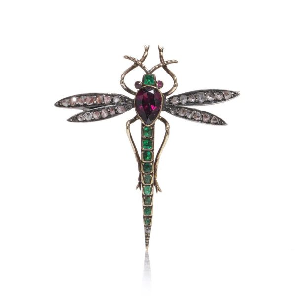 Victorian Antique Multi Gemstone Dragonfly Brooch, set with 1.30cts rose-cut diamonds, 1.20ct pear-cut amethyst, emerald-cut emeralds and rubies in silver upon 15ct gold