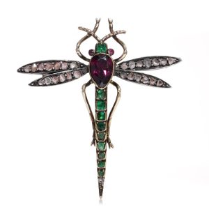 Victorian Antique Multi Gemstone Dragonfly Brooch, set with 1.30cts rose-cut diamonds, 1.20ct pear-cut amethyst, emerald-cut emeralds and rubies in silver upon 15ct gold