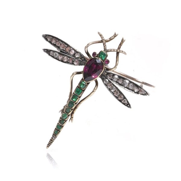 Victorian Antique Multi Gemstone Dragonfly Brooch, set with 1.30cts rose-cut diamonds, 1.20ct pear-cut amethyst, emerald-cut emeralds and rubies in silver upon 15ct gold