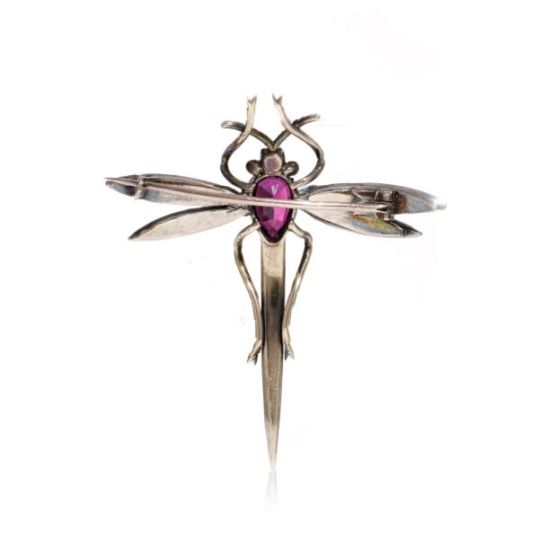 Victorian Antique Multi Gemstone Dragonfly Brooch, set with 1.30cts rose-cut diamonds, 1.20ct pear-cut amethyst, emerald-cut emeralds and rubies in silver upon 15ct gold