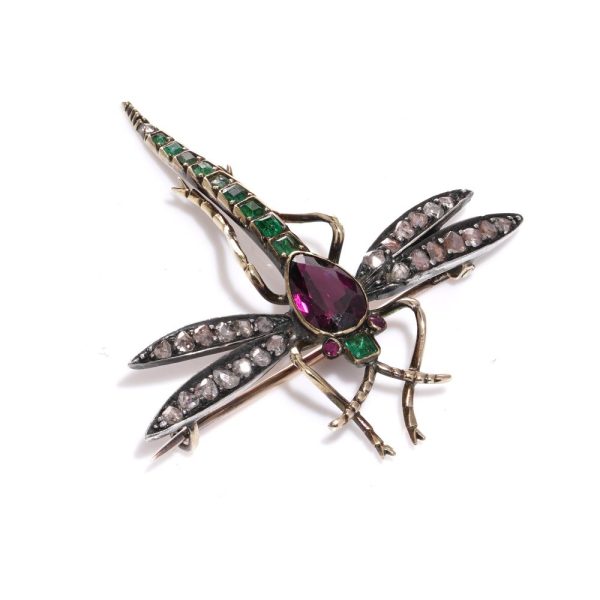 Victorian Antique Multi Gemstone Dragonfly Brooch, set with 1.30cts rose-cut diamonds, 1.20ct pear-cut amethyst, emerald-cut emeralds and rubies in silver upon 15ct gold