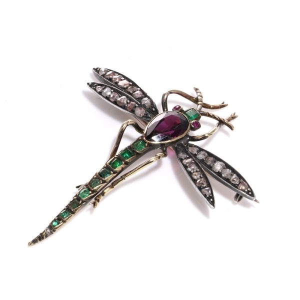 Victorian Antique Multi Gemstone Dragonfly Brooch, set with 1.30cts rose-cut diamonds, 1.20ct pear-cut amethyst, emerald-cut emeralds and rubies in silver upon 15ct gold