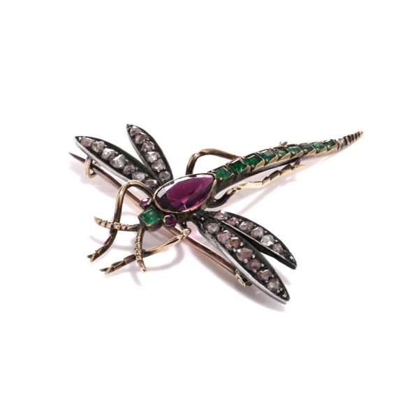 Victorian Antique Multi Gemstone Dragonfly Brooch, set with 1.30cts rose-cut diamonds, 1.20ct pear-cut amethyst, emerald-cut emeralds and rubies in silver upon 15ct gold