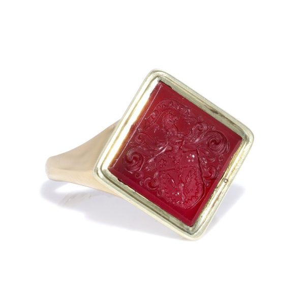 Victorian Antique Carved Carnelian Crest Signet Ring, mid 19th century 18ct yellow gold ring set with a square carnelian stone engraved with a detailed family crest