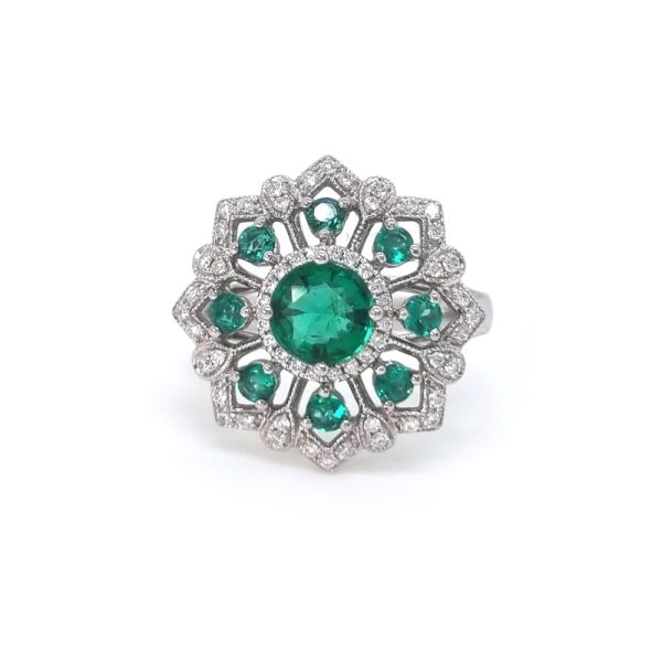 1.32 Carat Emerald and Diamond Cluster Ring, 18ct White Gold Mayfair