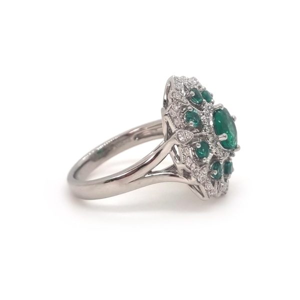 1.32 Carat Emerald and Diamond Cluster Ring, 18ct White Gold London