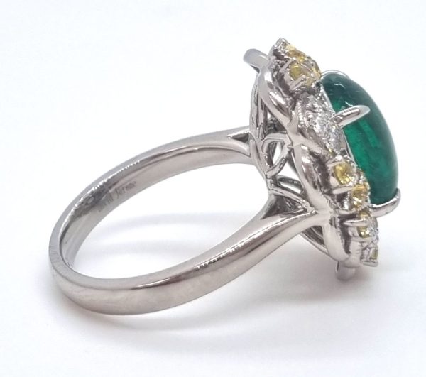 6.41 Carat No Oil Emerald and Diamond Ring, Cabochon