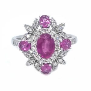 Natural No Heat Mozambique Ruby and Diamond Cluster Ring, certified 1.19ct natural ruby with no indication of heat treatment surrounded by sparkling diamonds in platinum