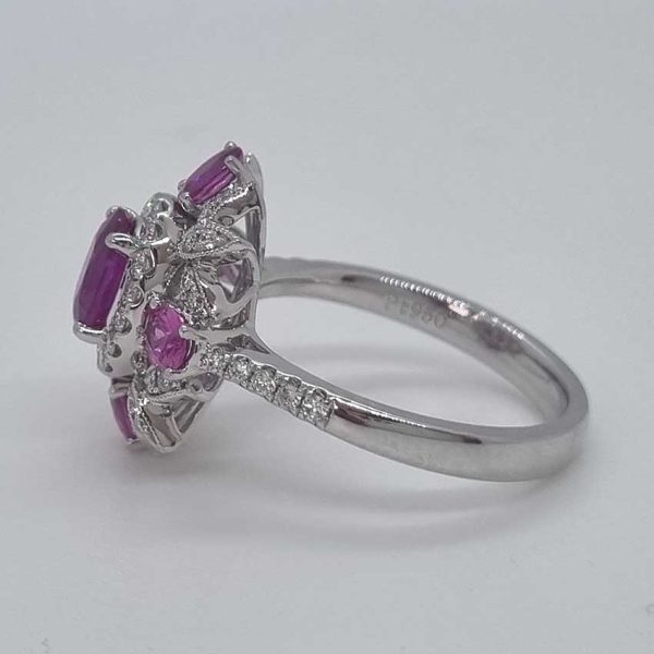 Certified 1.19ct Natural No Heat Mozambique Ruby and Diamond Cluster Ring in Platinum