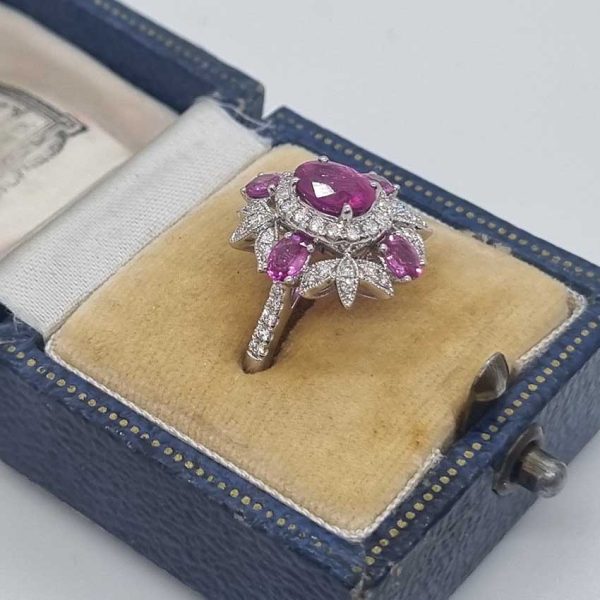 Certified 1.19ct Natural No Heat Mozambique Ruby and Diamond Cluster Ring in Platinum