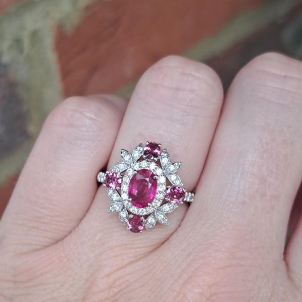 Certified 1.19ct Natural No Heat Mozambique Ruby and Diamond Cluster Ring in Platinum