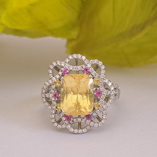 Fine Certified 5.08ct Cushion Shaped Natural No Heat Yellow Sapphire and Diamond Flower Cluster Cocktail Ring with Pink Sapphires in Platinum