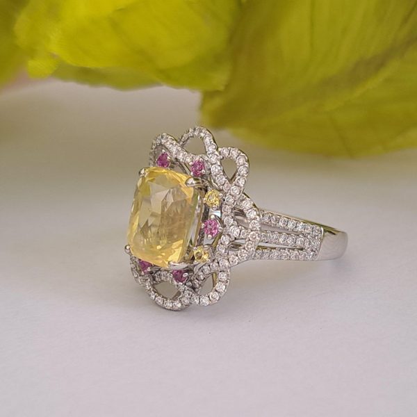 Stunning 5.08ct Cushion Shaped Natural No Heat Yellow Sapphire and Diamond Floral Cluster Cocktail Ring with Pink Sapphires in Platinum