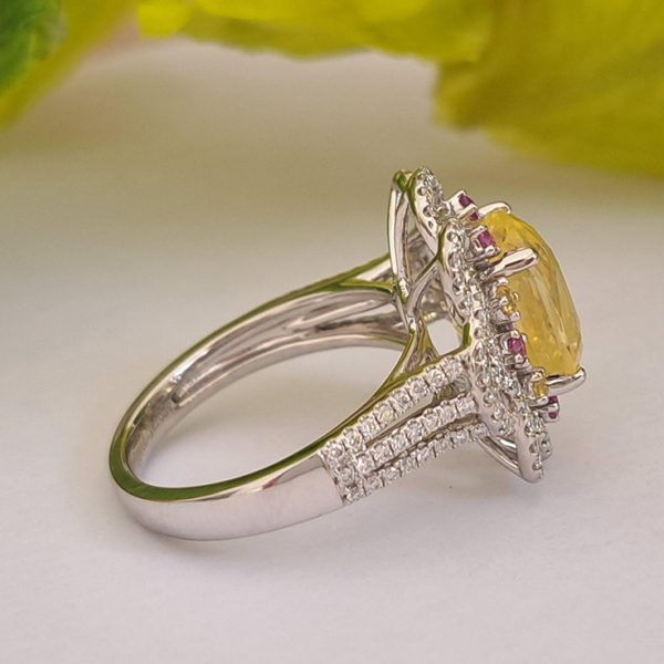 Stunning 5.08ct Natural No Heat Yellow Sapphire and Diamond Cluster Cocktail Ring with Pink Sapphires in Platinum