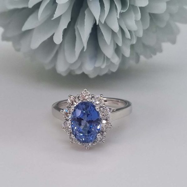 3.32cts Ceylon Cornflower Sapphire and Diamond Oval Cluster Ring