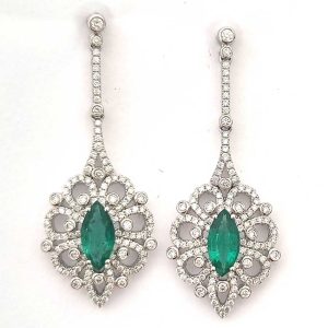 Certified 2ct Marquise Cut Colombian Emerald and Diamond Cluster Ring Earrings in 18ct White Gold