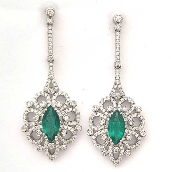 Certified 2ct Marquise Cut Colombian Emerald and Diamond Cluster Ring Earrings in 18ct White Gold