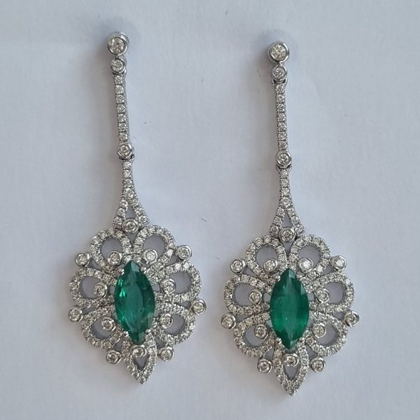 Certified 2.02ct Marquise Cut Colombian Emerald and Diamond Cluster Ring Earrings in 18ct White Gold