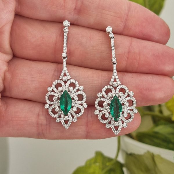 Certified 2.02ct Marquise Cut Colombian Emerald and Diamond Cluster Ring Earrings in 18ct White Gold